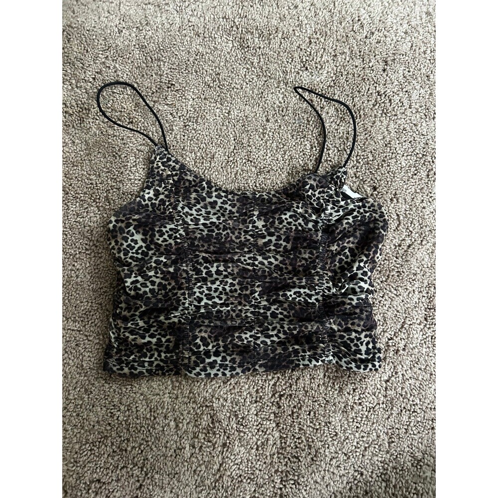 Garage Leopard Print Ruched Mesh Cami Crop Top Black Tan Size Small Y2K